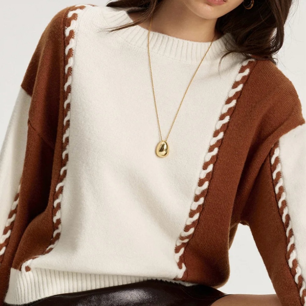 Commense Cream and Brown braided detail Sweater Great for spring. NWT